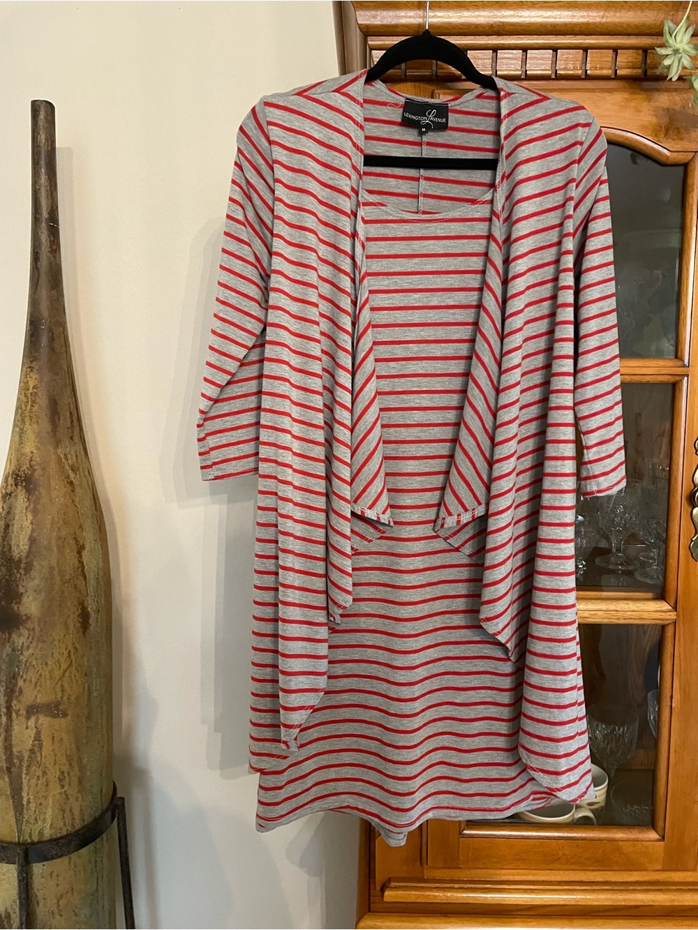 Lexington Gray and Red Striped Women's Draped Cardigan w attached Dress 1PC